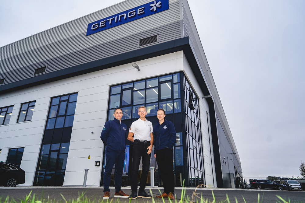 Paul Gray (left) and Michael Gladwell (right) of Upbeat Clean with Bob Newsome (centre) at Getinge’s HQ in Derby